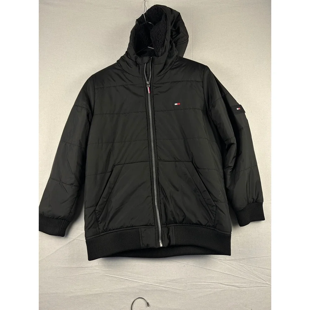 Tommy Hilfiger Mens Black Puffer Jacket SherpaLined Hooded Coat L 14/16 TBFIM23F